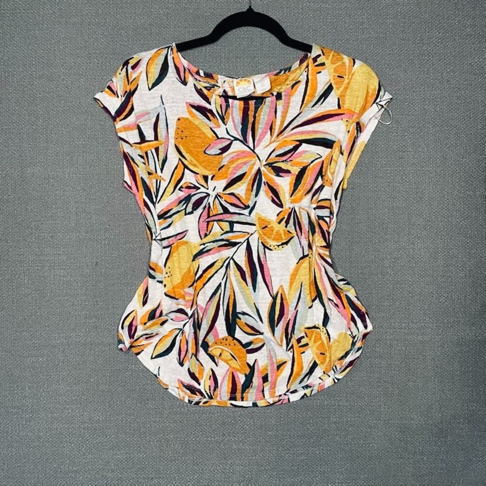 Linen Floral Tropical Print V-Neck Short Sleeve Top Resort Vacation L